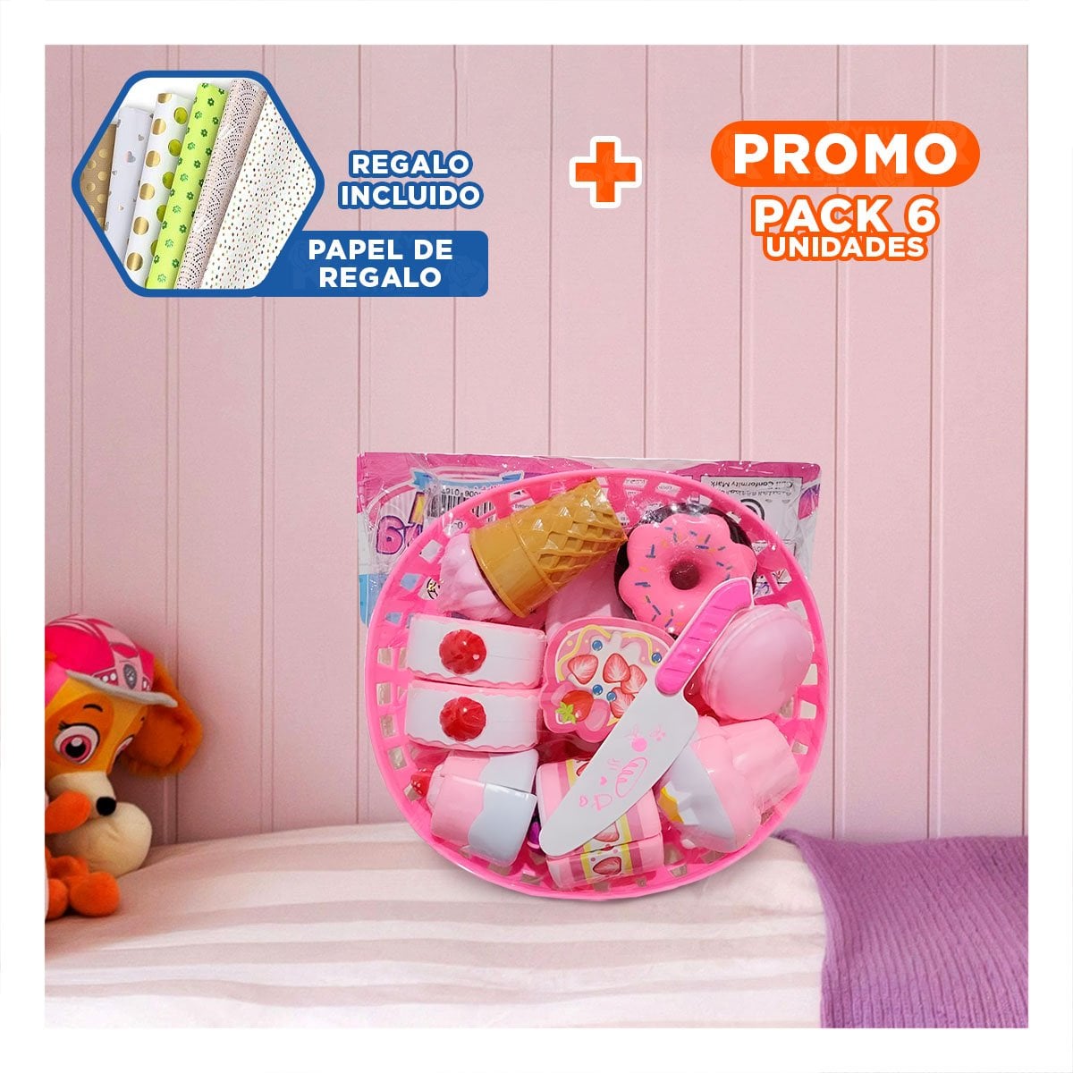 PACK6 PAQUETE INFANTIL DE POSTRES PARA CORTAR CON PIEZAS DE COCINA PARA CASA Y+PAPEL REGALO - 1