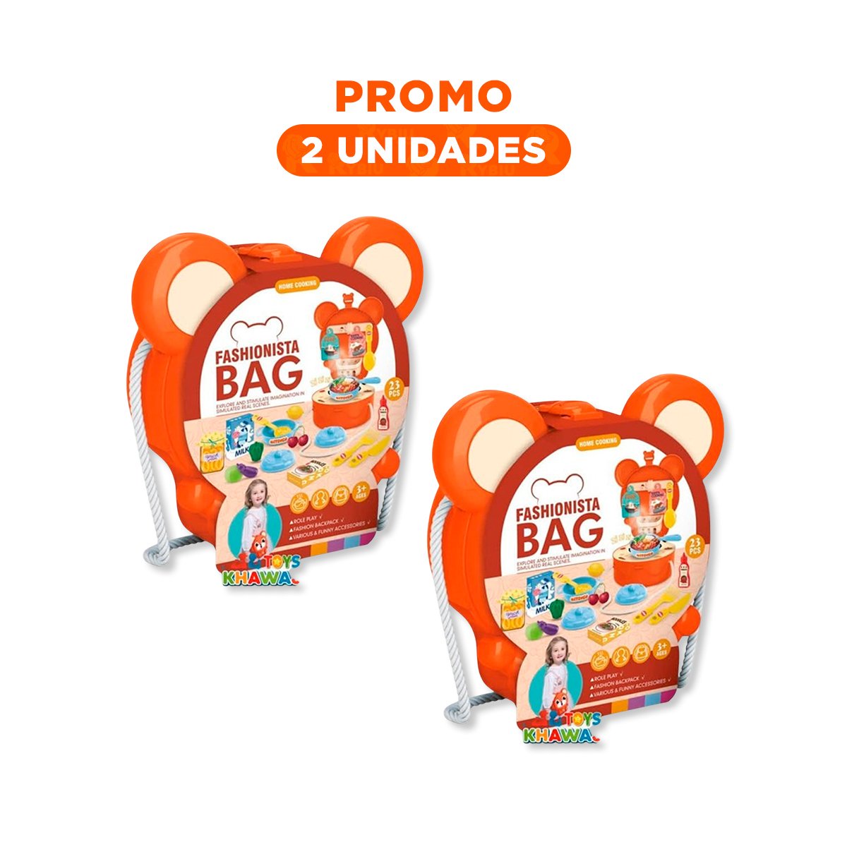 PACK2 MOCHILA CREATIVA OREJITAS COCINA CASERA 23 PZS NARANJA CON SET - 1