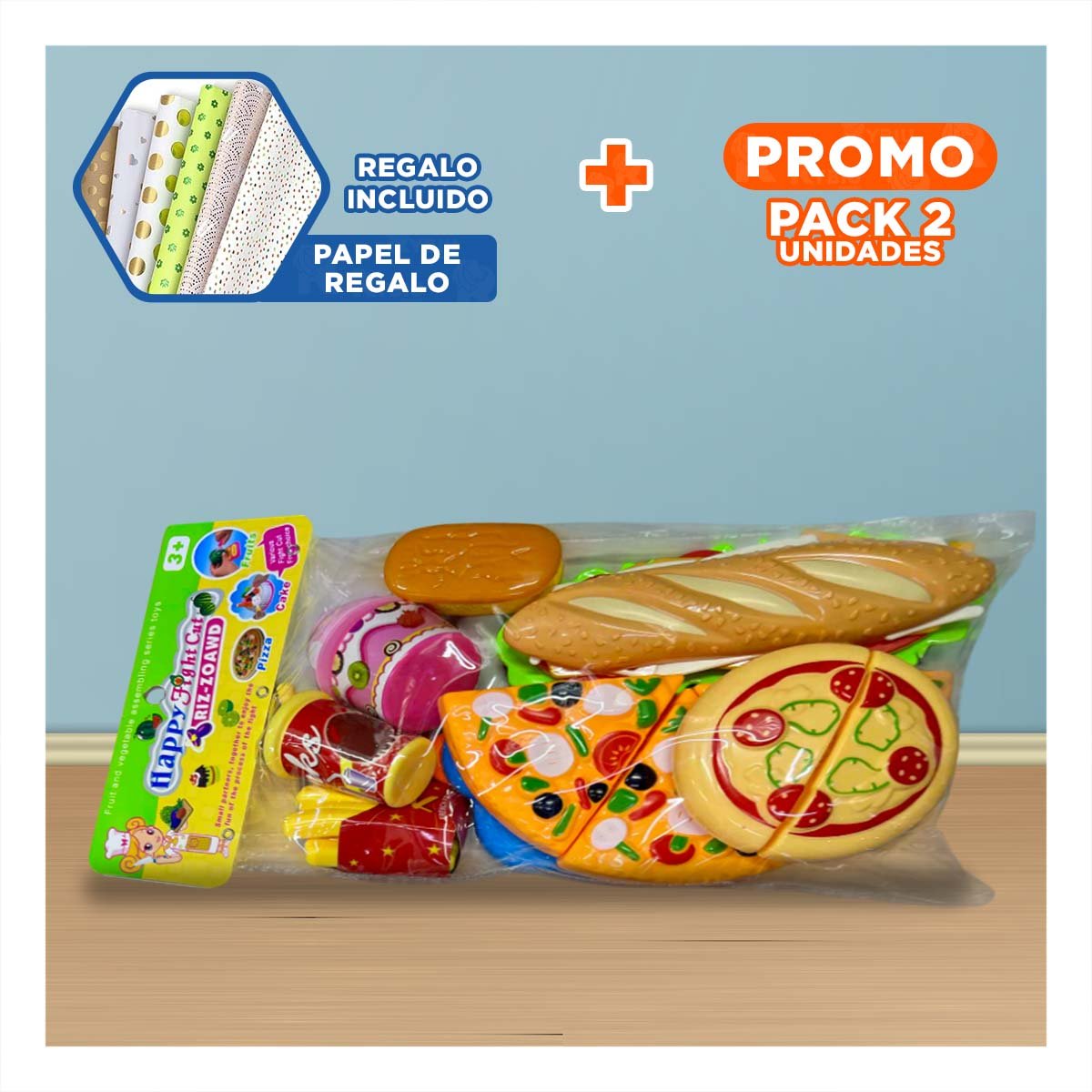 PACK2 JUEGO EDUCATIVO DE PIZZA COMIDA RAPIDA PARA CORTAR CON ELEMENTOS DE COCINA Y+PAPEL REGALO - 1