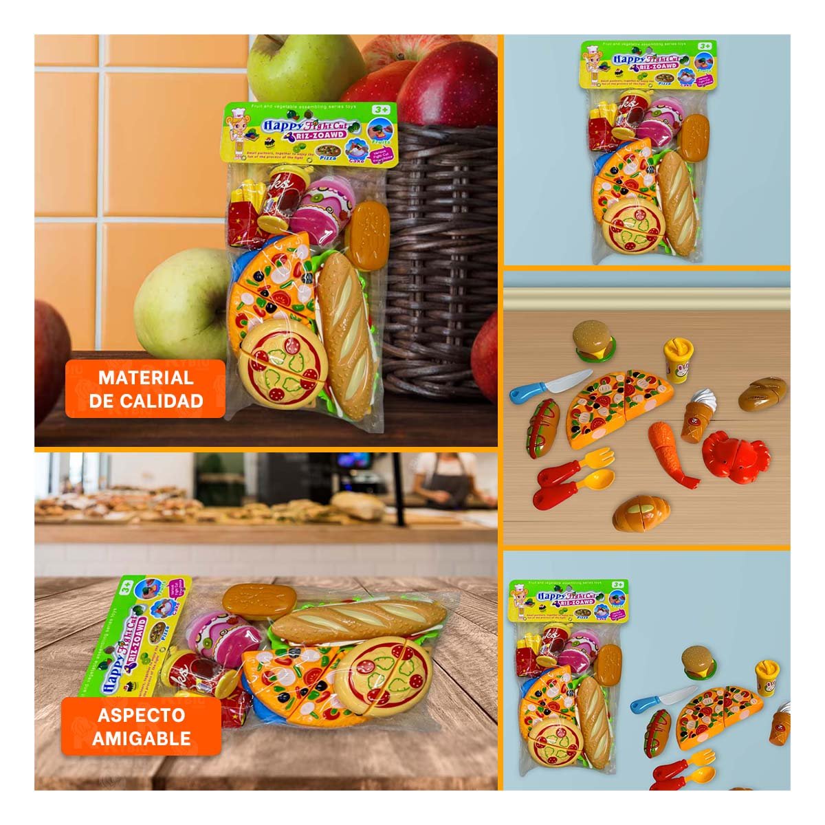 PACK2 JUEGO EDUCATIVO DE PIZZA COMIDA RAPIDA PARA CORTAR CON ELEMENTOS DE COCINA Y+PAPEL REGALO - 3