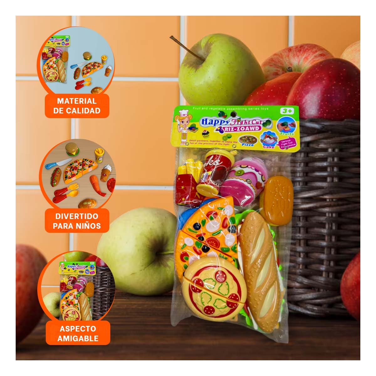 PACK2 JUEGO EDUCATIVO DE PIZZA COMIDA RAPIDA PARA CORTAR CON ELEMENTOS DE COCINA Y+PAPEL REGALO - 5