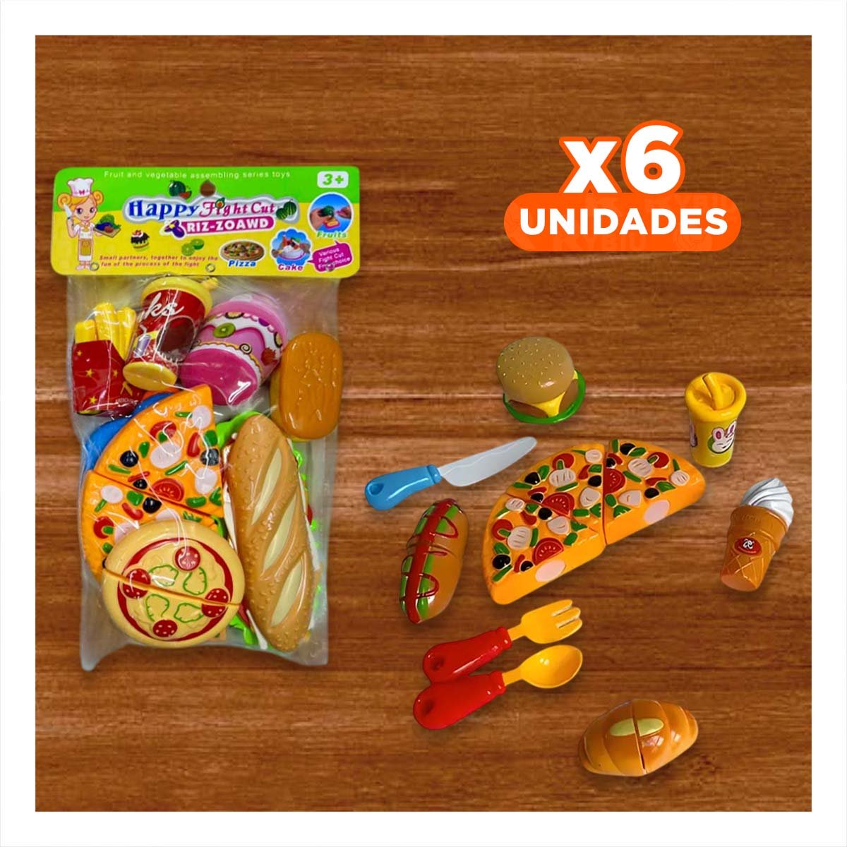 PACK6 JUEGO DE COCINA DE PIZZA COMIDA RAPIDA PARA CORTAR CON PIEZAS DIDACTICAS Y+REGALO STICKER - 1