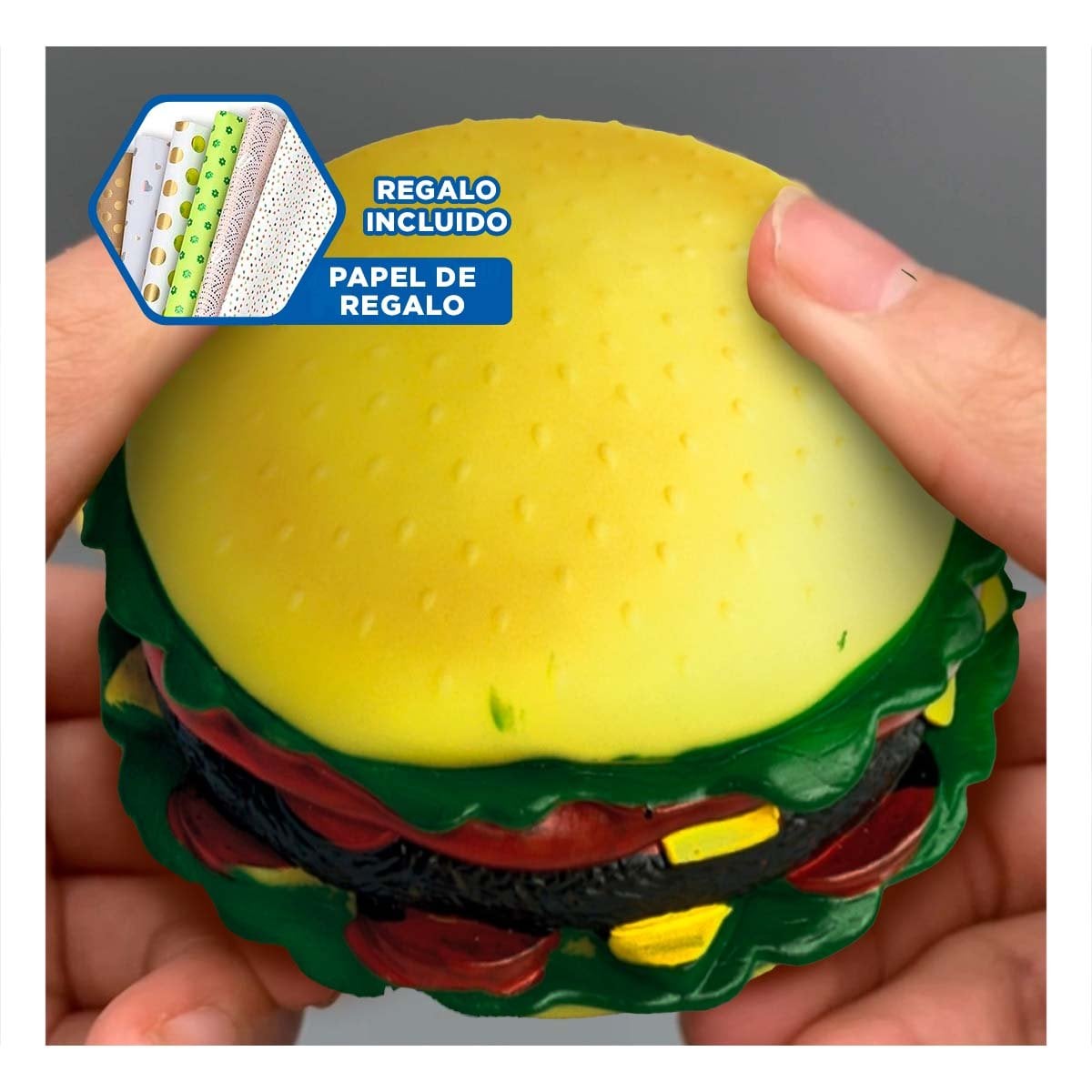 JUGUETE HAMBURGUESA INTERACTIVO DE GOMA Y+PAPEL DE REGALO - 1