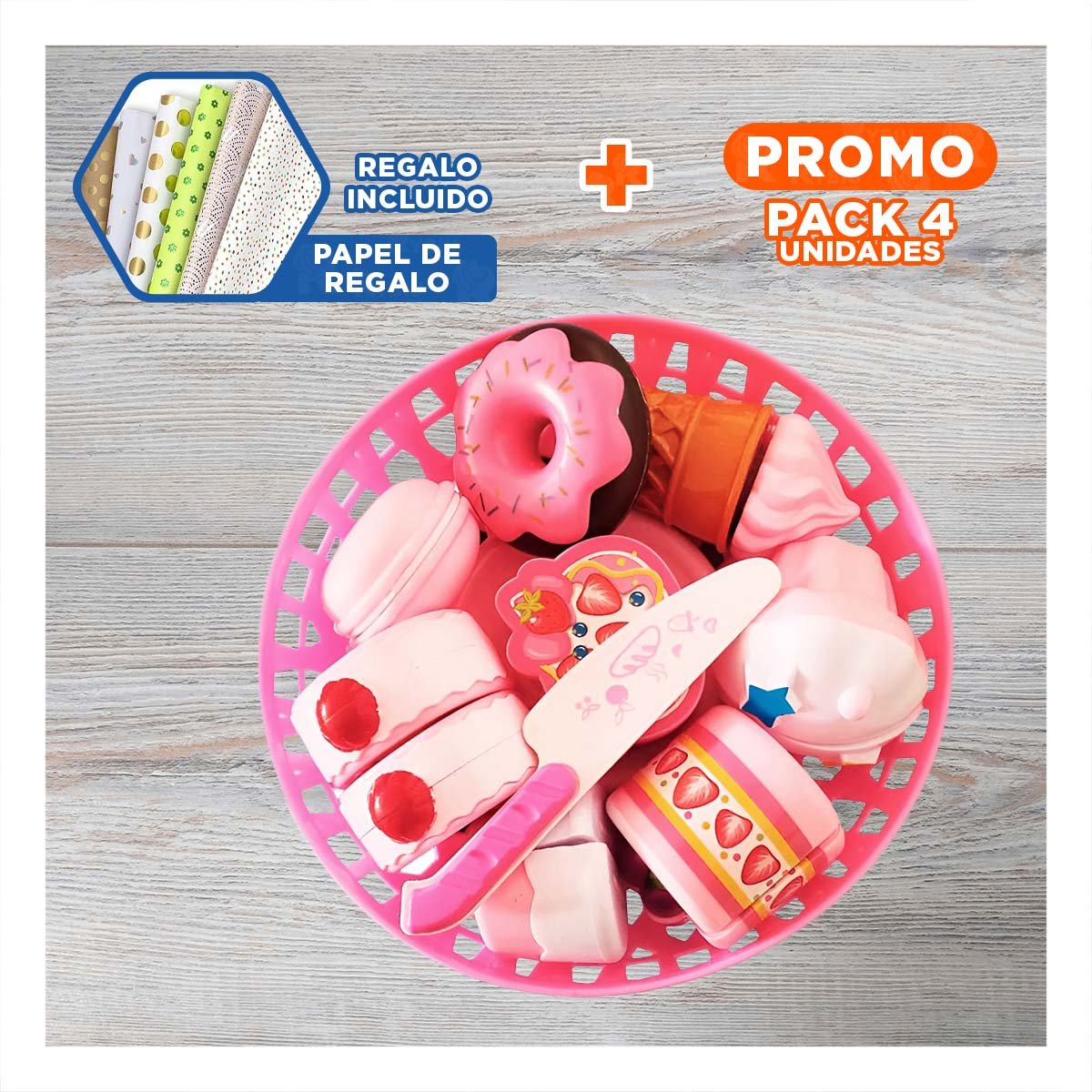 PACK4 KIT INFANTIL DE POSTRES PARA CORTAR CON PIEZAS DE COCINA PARA JUEGO DIARIO Y+PAPEL REGALO - 1
