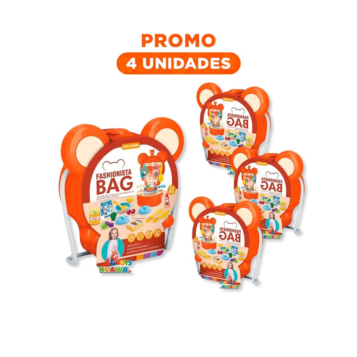 PACK4 LONCHERA CREATIVA OREJITAS COCINA CASERA 23 PZS NARANJA CON SET YREGALO STICKER - 1