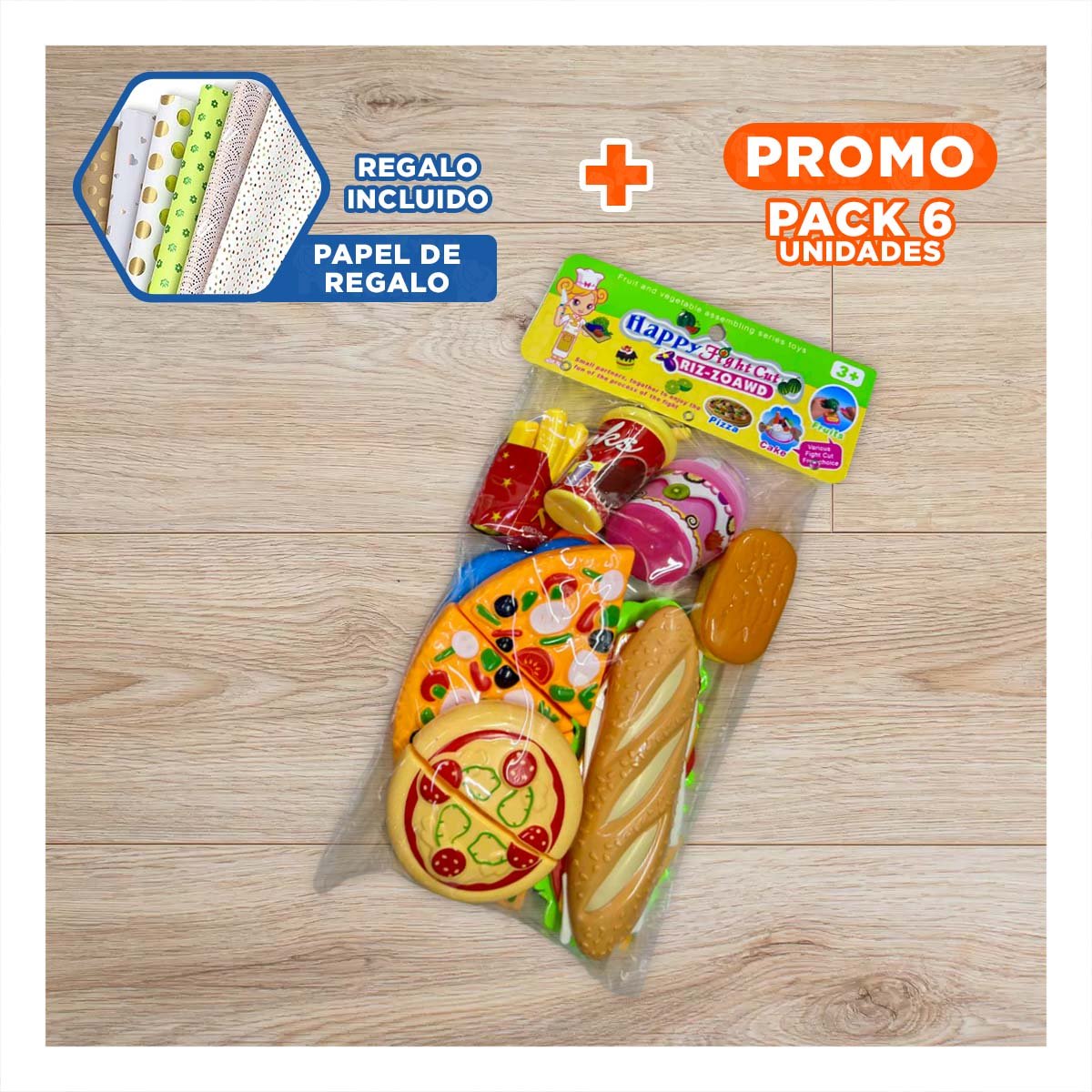 PACK6 LINEA DE COCINA DE PIZZA COMIDA RAPIDA PARA CORTAR PARA DIVERSION INFANTIL Y+PAPEL REGALO - 1