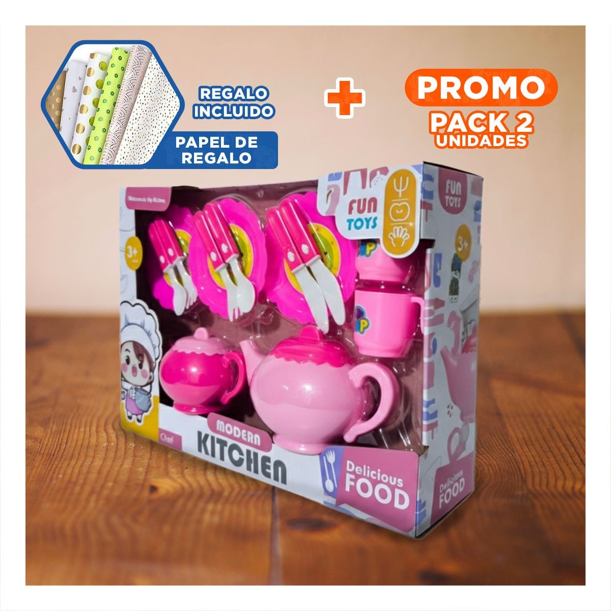 PACK2 COLECCION DE MENAJE DE COCINA CON TETERAS PLATOS Y CUBIERTOS PARA JUEGO Y+PAPEL REGALO - 1