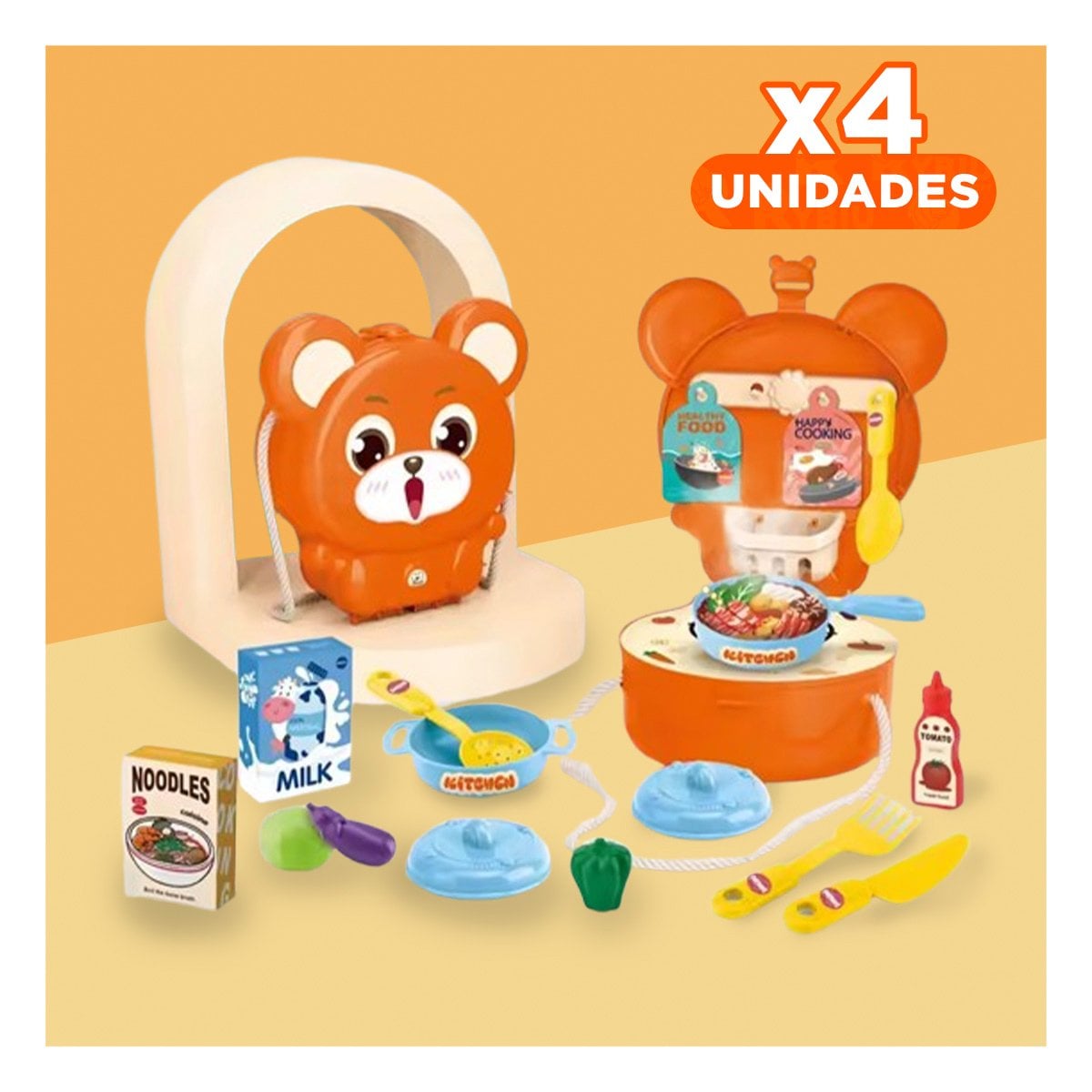 PACK4 LONCHERA INFANTIL OREJITAS COCINA CASERA 23 PZS NARANJA CON ACCESORIOS - 1