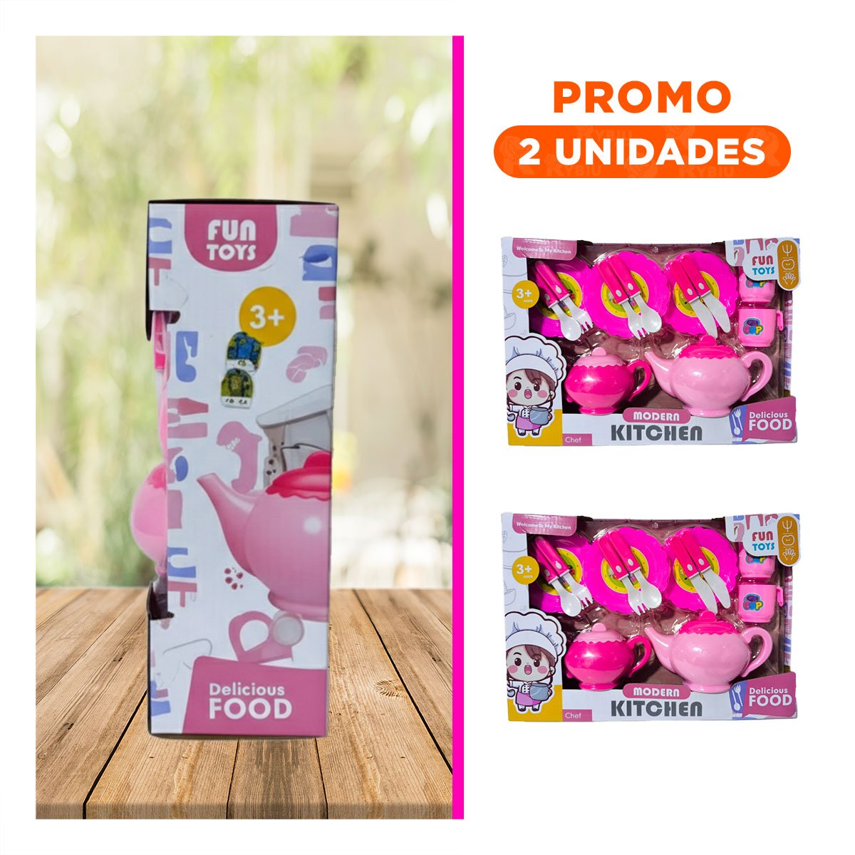 PACK2 KIT DE MENAJE DE COCINA CON TETERAS PLATOS Y CUBIERTOS PARA JUEGO CREATIVO - 1