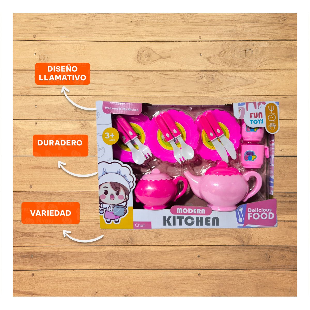 PACK2 KIT DE MENAJE DE COCINA CON TETERAS PLATOS Y CUBIERTOS PARA JUEGO CREATIVO - 5