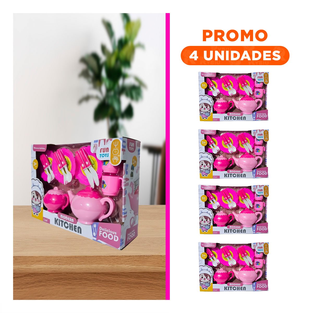 PACK4 KIT DE SERVICIO DE COCINA CON TETERAS PLATOS Y CUBIERTOS PARA JUEGO Y+REGALO STICKER - 1
