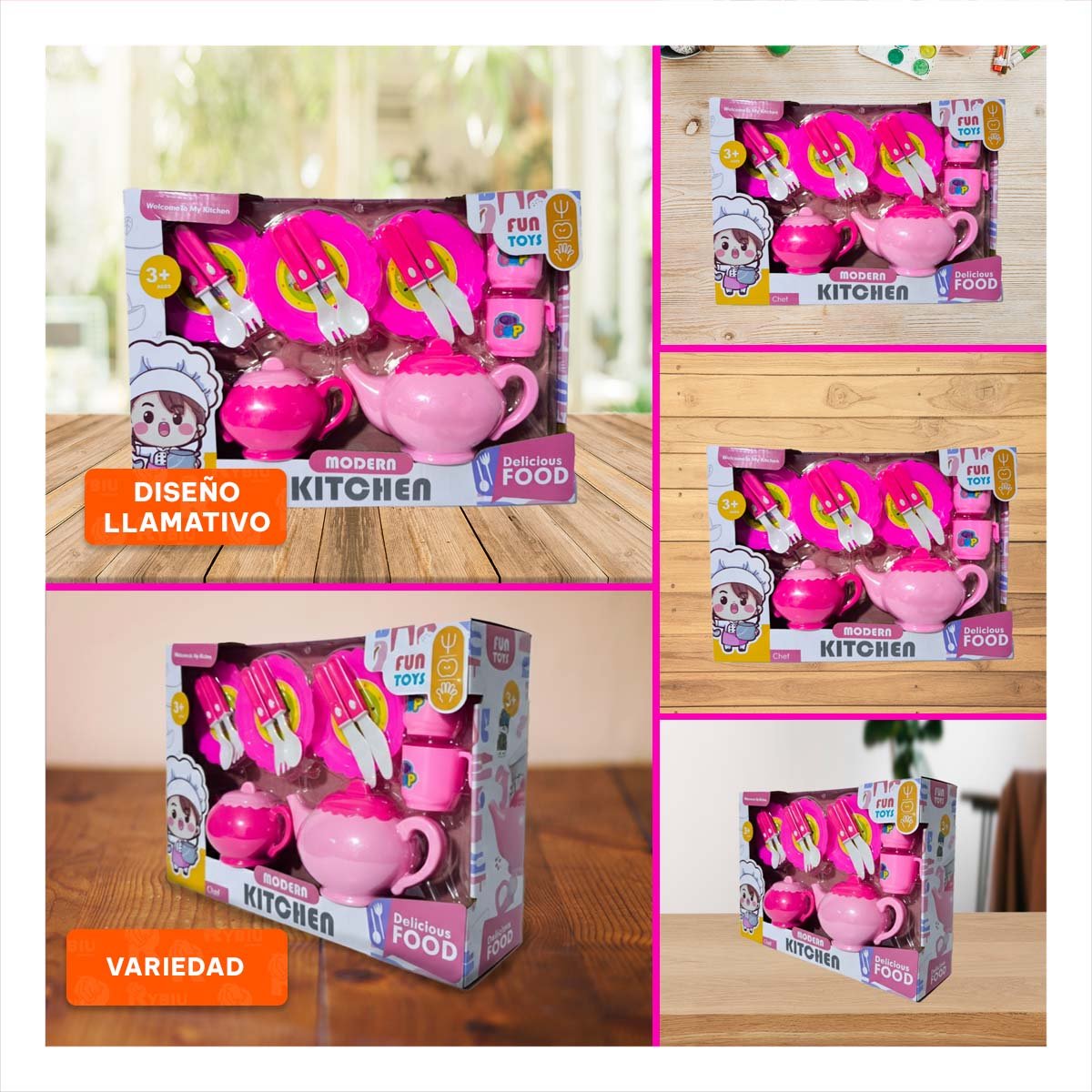 PACK4 KIT DE SERVICIO DE COCINA CON TETERAS PLATOS Y CUBIERTOS PARA JUEGO Y+REGALO STICKER - 2