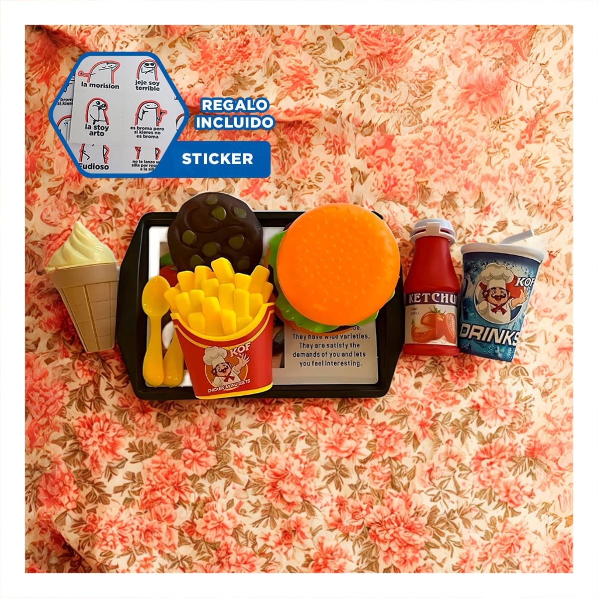 KIT DE ALIMENTOS RAPIDOS CON ELEMENTOS DE COCINA PARA JUEGO DE ROLES FAMILIAR Y+REGALO STICKER - 1