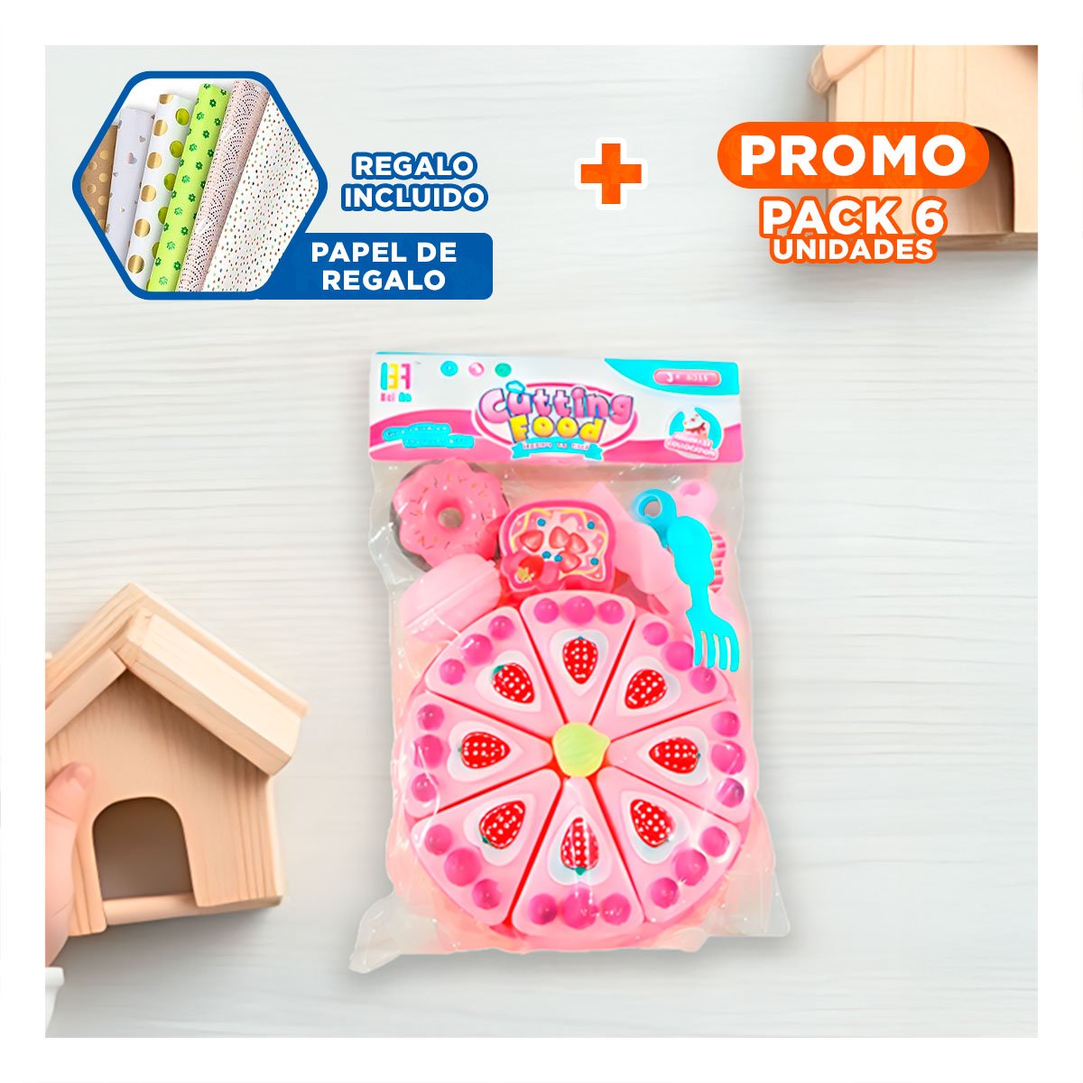 PACK6 KIT LUDICO DE PASTEL PARA CORTAR PARA JUEGO DE COCINA SIMULADA YPAPEL REGALO - 1