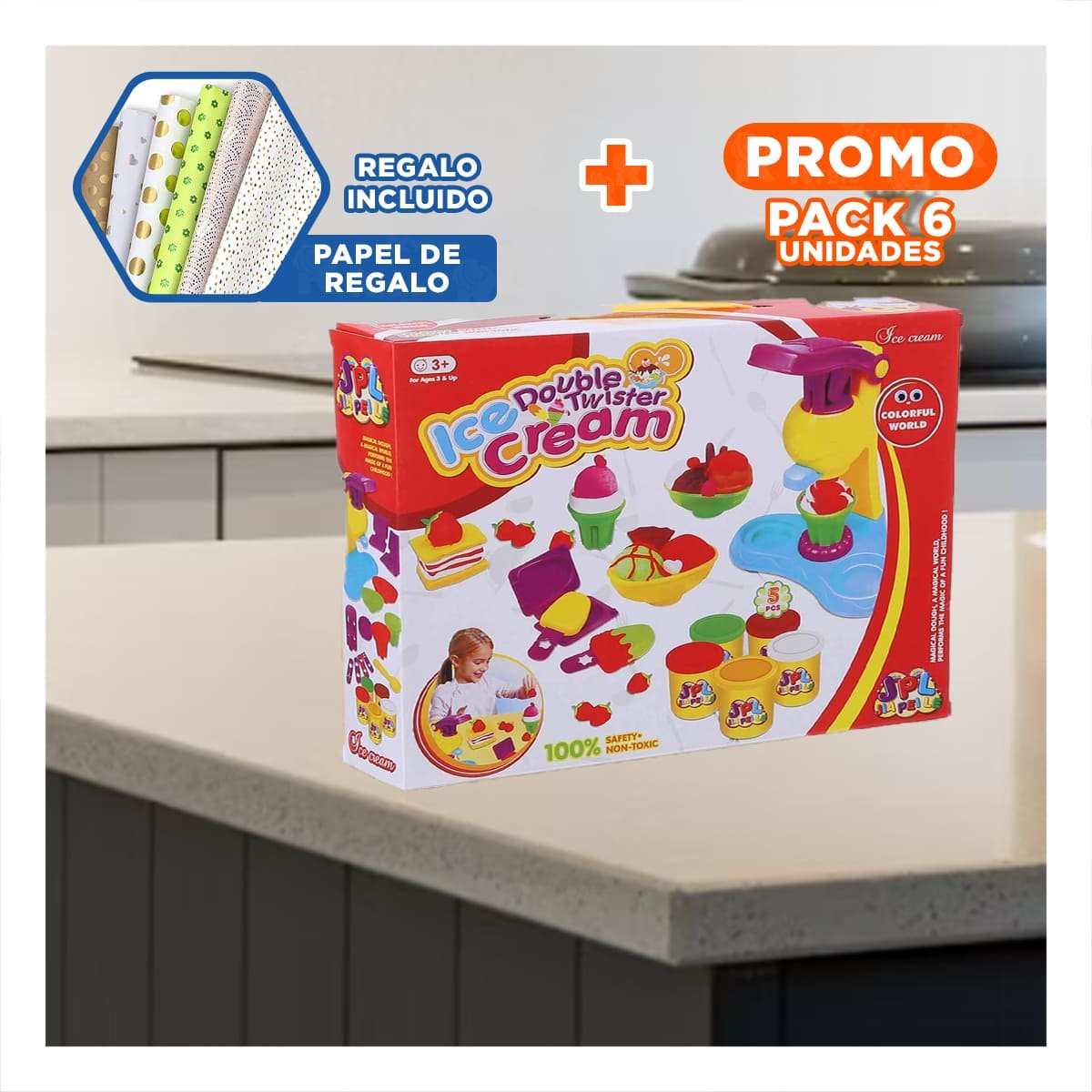 PACK6 SET DE PLASTILINA HELADERA CAJA ROJA Y+PAPEL DE REGALO - 1