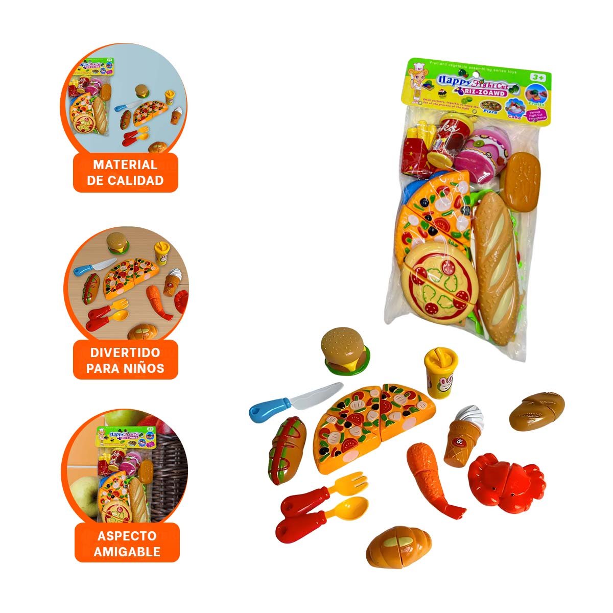 PACK DE PIZZA COMIDA RAPIDA PARA CORTAR CON ACCESORIOS PARA JUEGO DE ROLES - 3
