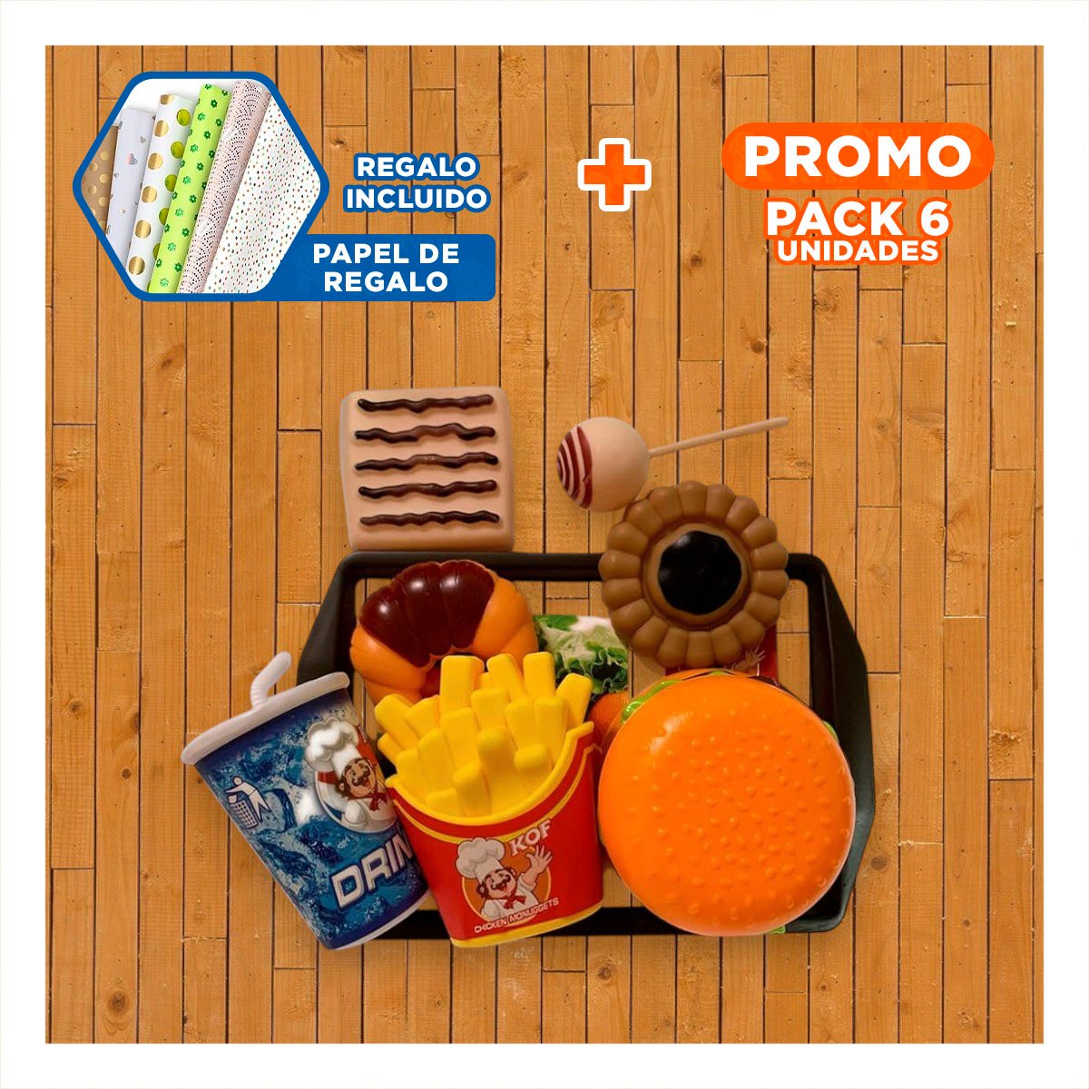 PACK6 COMBO DE GASTRONOMIA RAPIDA CON PIEZAS DE COCINA PARA CASA Y+PAPEL REGALO - 1
