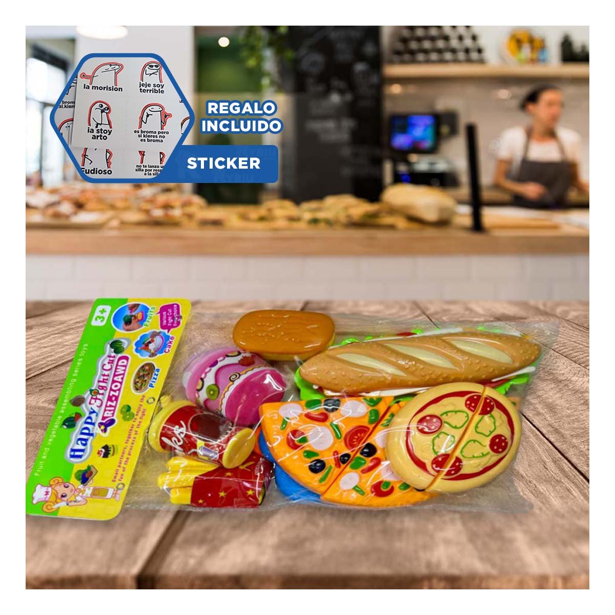 JUEGO DIDACTICO DE PIZZA COMIDA RAPIDA PARA CORTAR CON ACCESORIOS VARIADOS Y+REGALO STICKER - 1