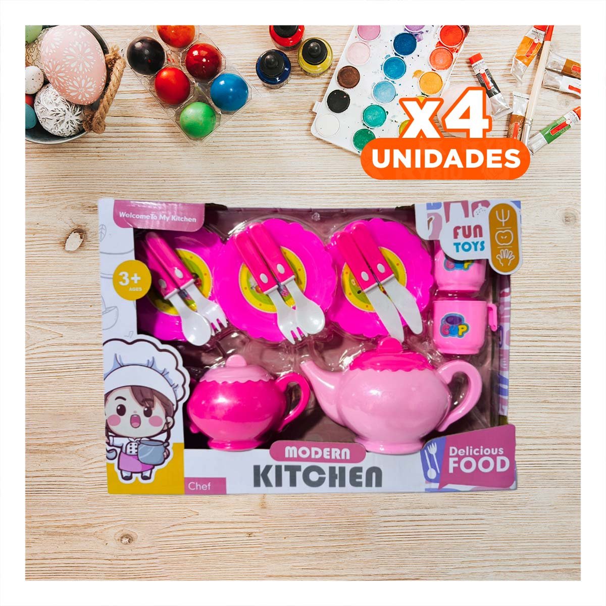 PACK4 JUEGO DE SERVICIO DE COCINA CON TETERAS PLATOS Y CUBIERTOS PARA JUEGO - 1