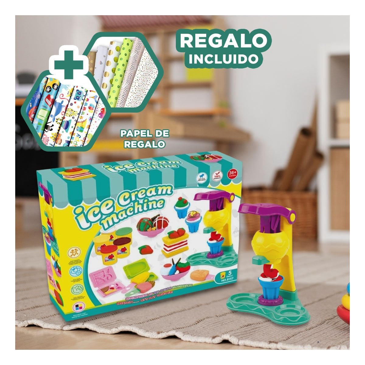MAQUINA HELADO Y PLASTILINA EN CAJA VERDE Y+PAPEL DE REGALO - 1