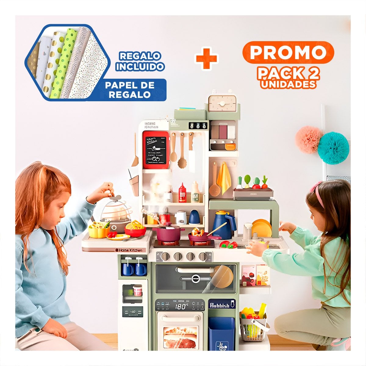 PACK2 COCINA INFANTIL DE JUEGO CON PIEZAS PARA DIVERSION EN CASA Y+PAPEL REGALO - 1