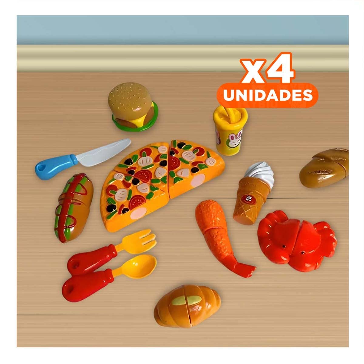 PACK4 COMBO EDUCATIVO DE PIZZA COMIDA RAPIDA PARA CORTAR CON PIEZAS INTERACTIVAS - 1