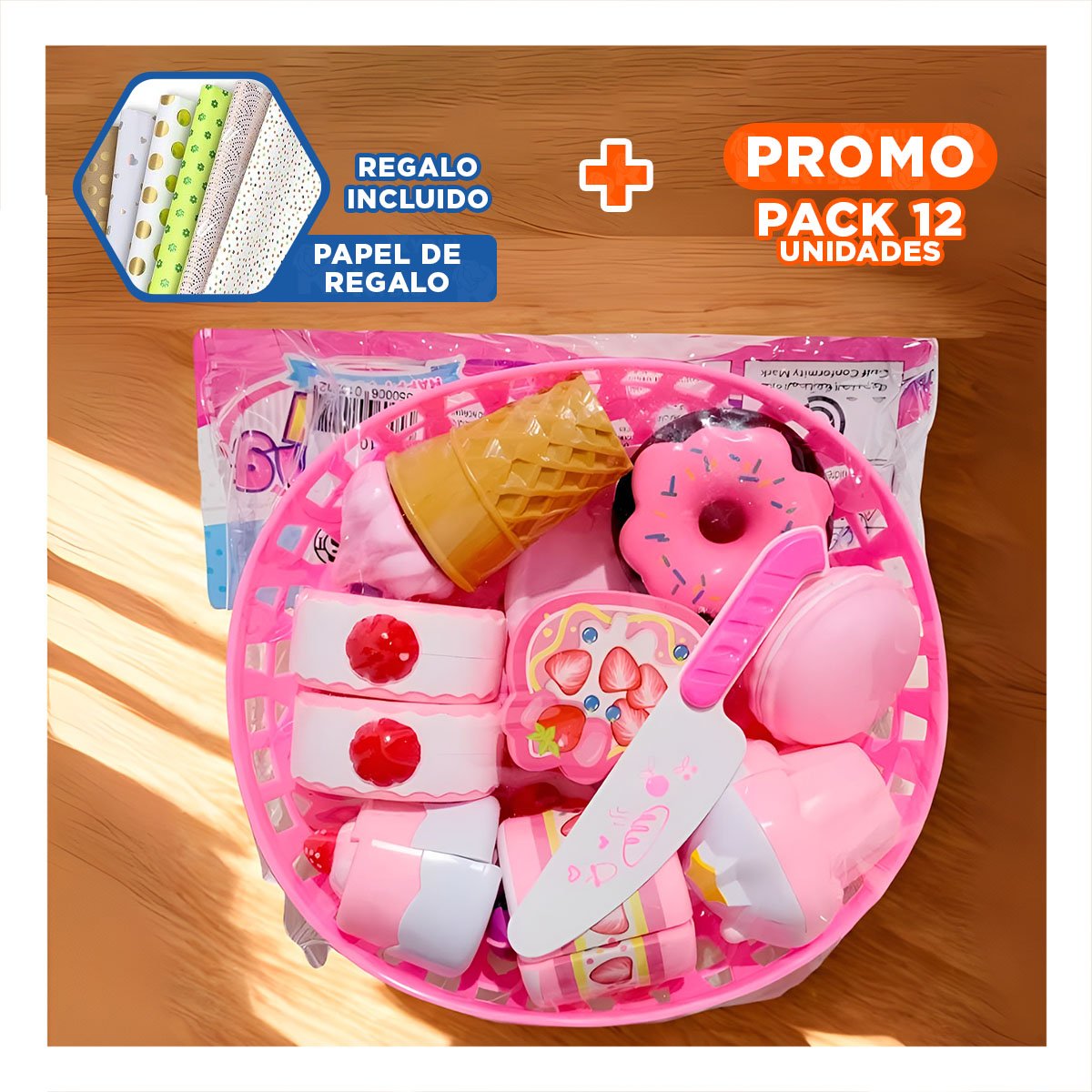 PACK12 CONJUNTO INTERACTIVO DE POSTRES PARA CORTAR CON ELEMENTOS DE COCINA Y+PAPEL REGALO - 1
