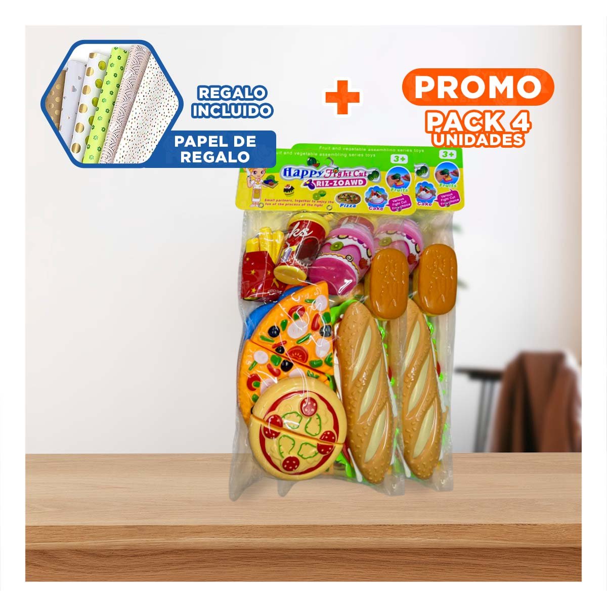 PACK4 SET DE COCINA DE PIZZA COMIDA RAPIDA PARA CORTAR CON ACCESORIOS DE JUEGO Y+PAPEL REGALO - 1