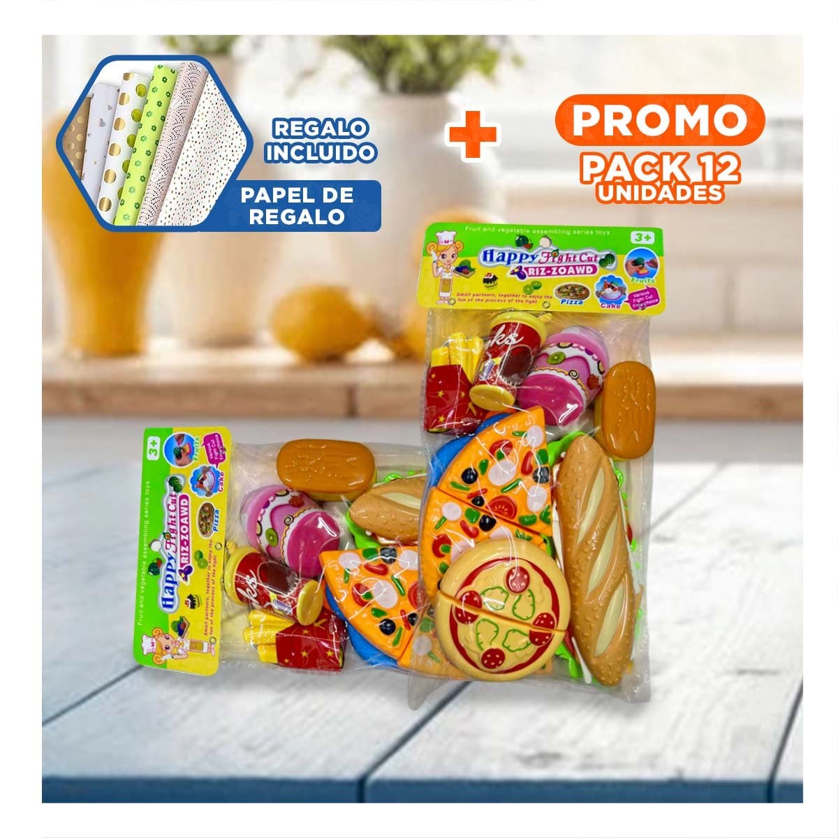 PACK12 COMBO DE COCINA DE PIZZA COMIDA RAPIDA PARA CORTAR CON ACCESORIOS Y+PAPEL REGALO - 1