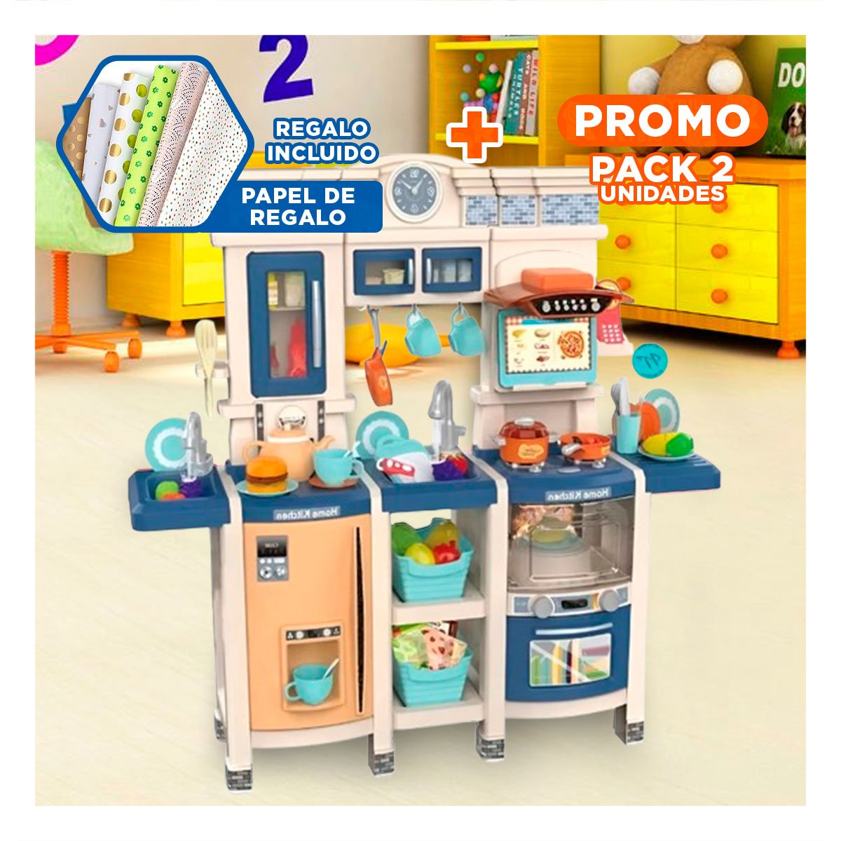 PACK2 ZONA LUDICA DE COCINA INFANTIL CON ACCESORIOS PARA JUEGO EN CASA Y+PAPEL REGALO - 1