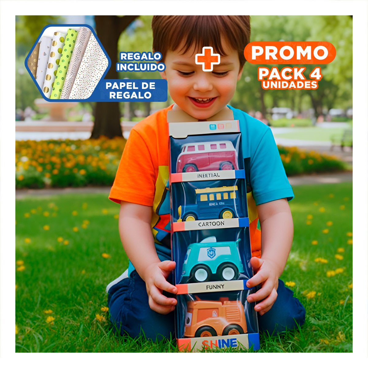 PACK4 GRUPO DE COCHES A FRICCION PARA ACTIVIDAD INFANTIL Y+PAPEL REGALO - 1