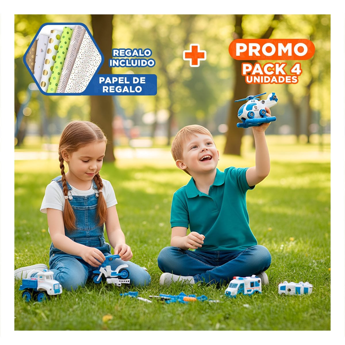 PACK4 COLECCION DE CARRITOS DE POLICIA PARA ENSAMBLE 4 PZ PARA USO DIARIO Y+PAPEL REGALO - 1