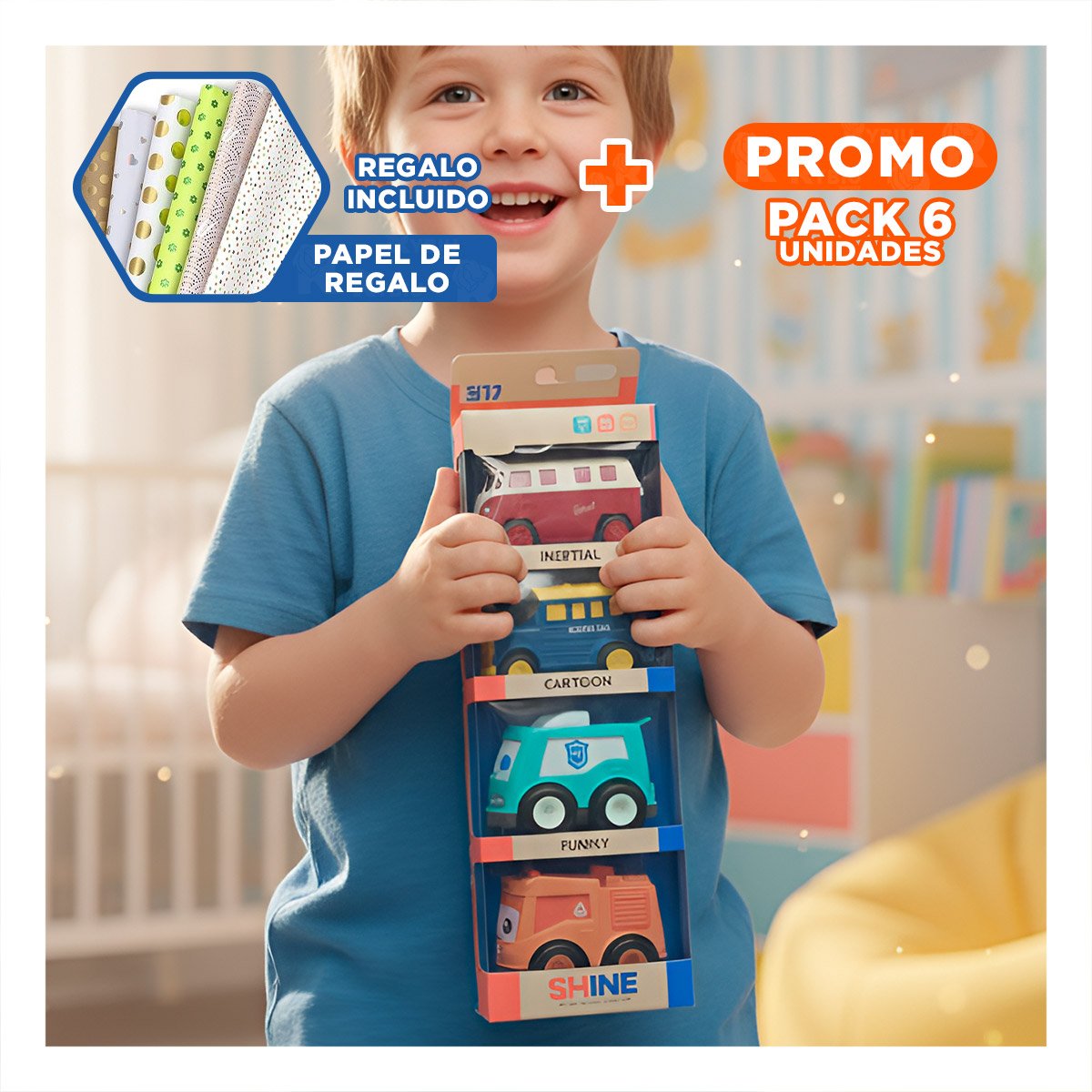 PACK6 JUEGO DE AUTOS A FRICCION PARA USO RECREATIVO Y+PAPEL REGALO - 1