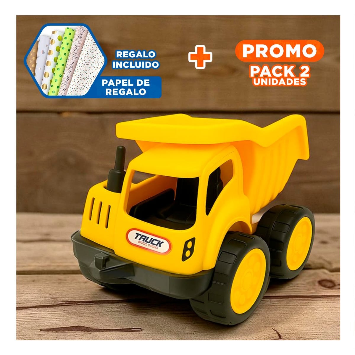 PACK2 UNIDAD DE JUGUETE TIPO VOLQUETE PARA INFANTES Y+PAPEL REGALO - 1