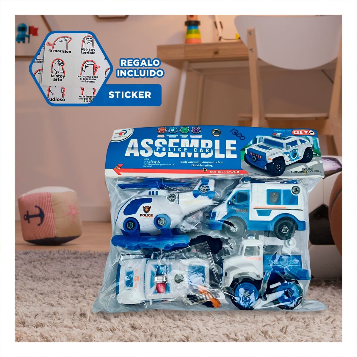 VEHICULOS DE JUEGO DE POLICIA PARA ENSAMBLE 4 PZ PARA USO DIARIO EN HOGAR Y+REGALO STICKER - 1