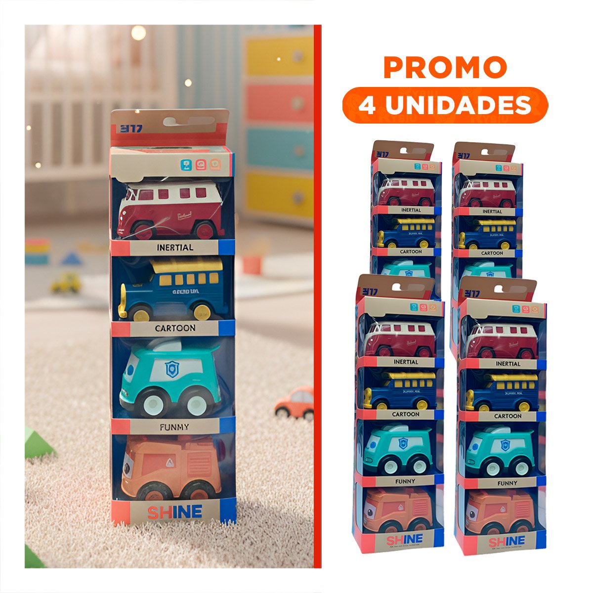 PACK4 SET DE VEHICULOS A FRICCION PARA JUEGO EN CASA Y+REGALO STICKER - 1