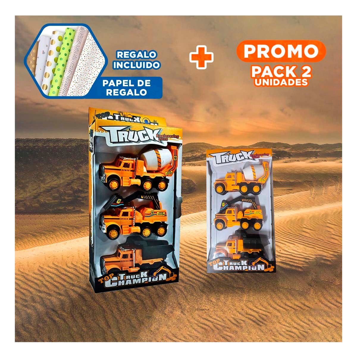 PACK2 JUGUETE TRIO DE VEHICULOS DE OBRAS Y+PAPEL DE REGALO - 1