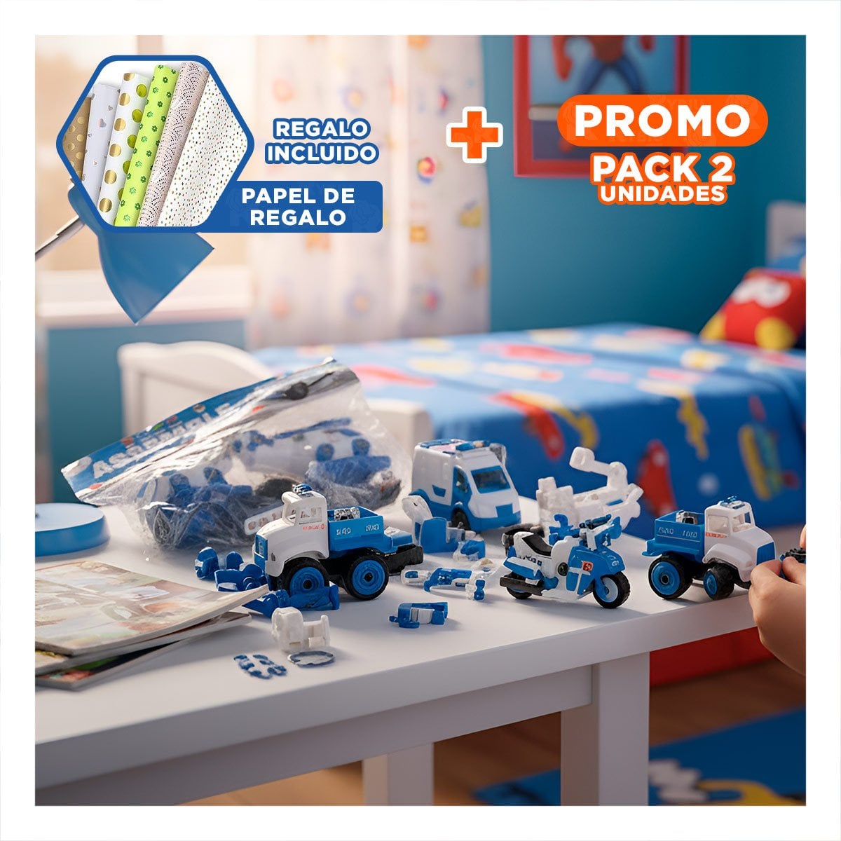 PACK2 KIT INFANTIL DE CARRITOS DE POLICIA PARA ENSAMBLE 4 PZ PARA JUEGO Y+PAPEL REGALO - 1