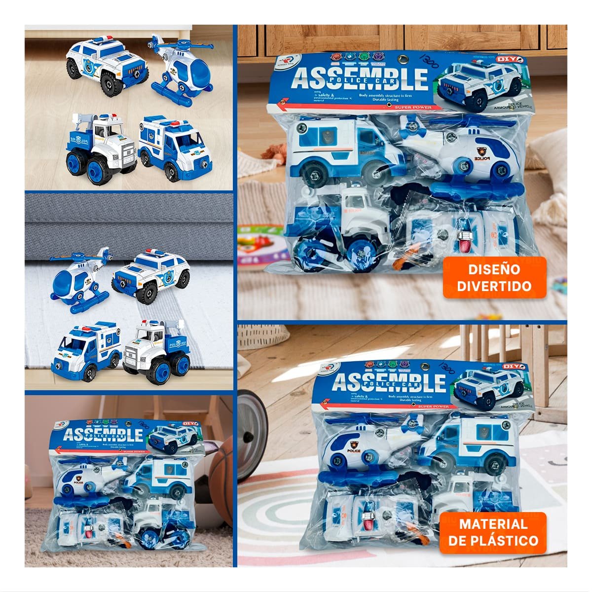 PACK2 KIT INFANTIL DE CARRITOS DE POLICIA PARA ENSAMBLE 4 PZ PARA JUEGO Y+PAPEL REGALO - 3
