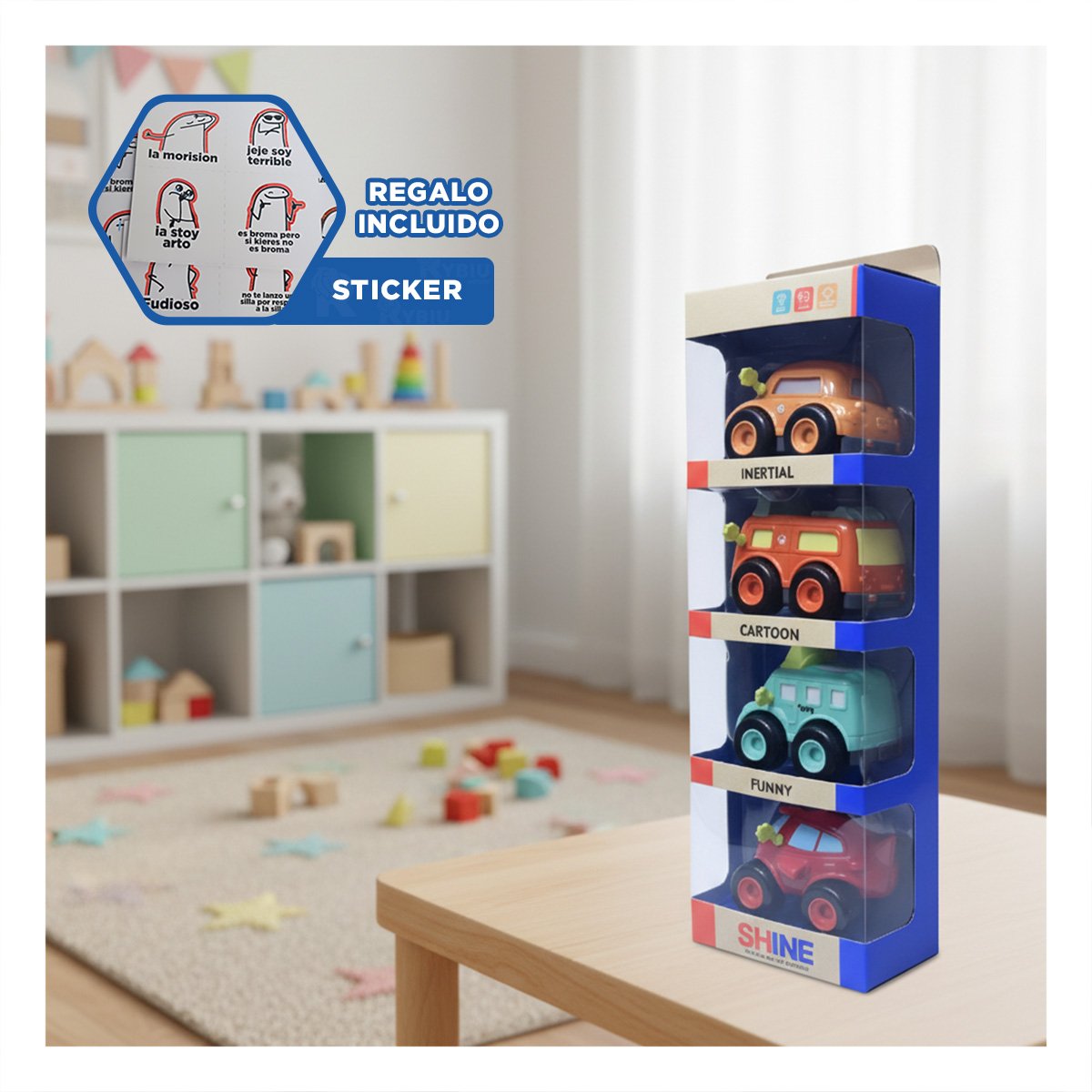 AUTOS INFANTILES DE FRICCION SET 4 PZ PARA JUEGOS DE CARRERA EN CASA Y+REGALO STICKER - 1