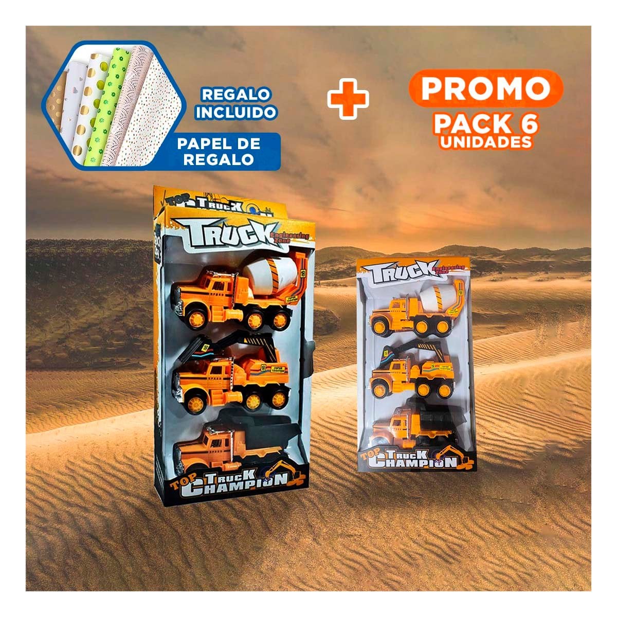 PACK6 SET DE MAQUINARIA PESADA DE PLASTICO Y+PAPEL DE REGALO - 1