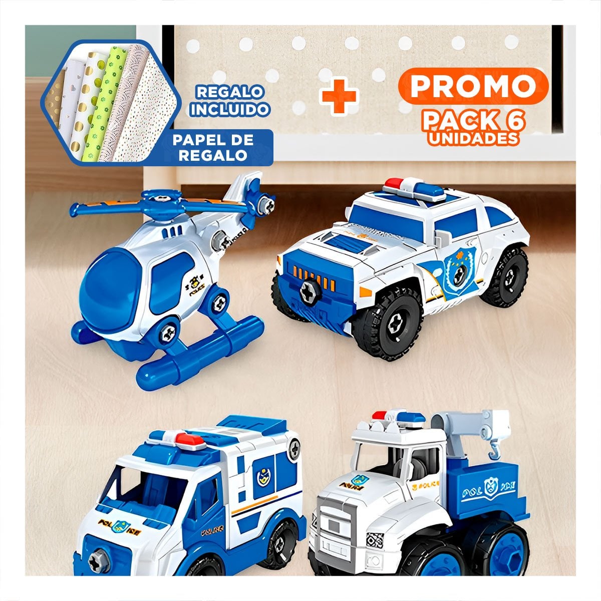 PACK6 PACK RECREATIVO DE CARRITOS DE POLICIA PARA ENSAMBLE 4 PZ PARA CASA Y+PAPEL REGALO - 1