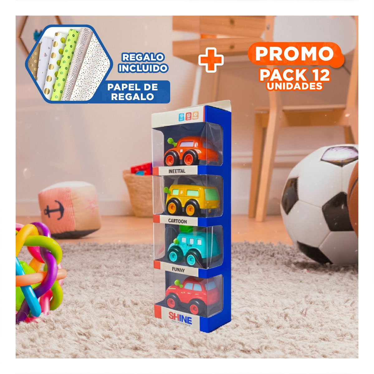 PACK12 AUTOS RECREATIVOS SET 4 PZ PARA JUEGOS DIARIOS Y+PAPEL REGALO - 1