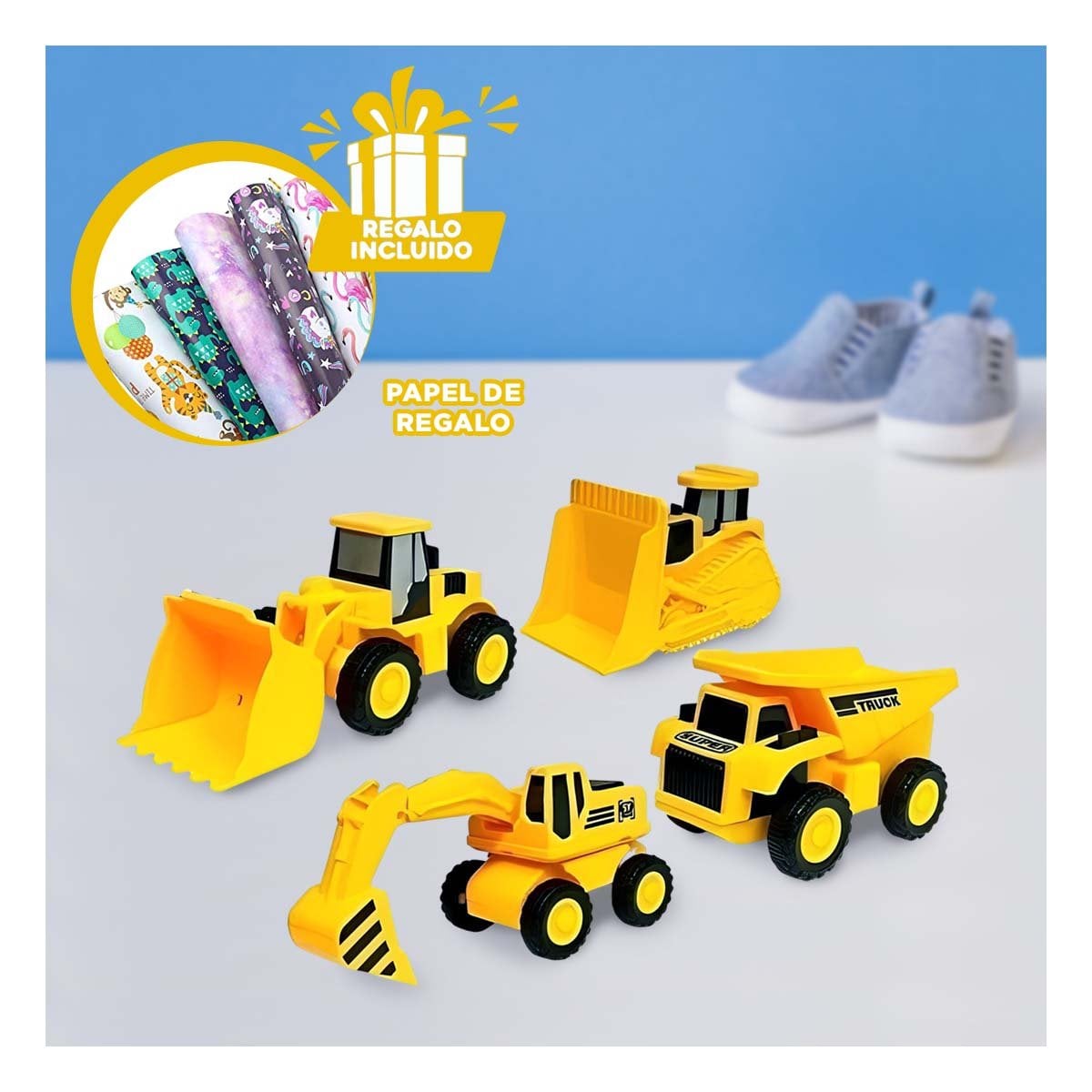 JUGUETE DE MINI 4 CARRITOS DE CONSTRUCCION Y+PAPEL DE REGALO - 1