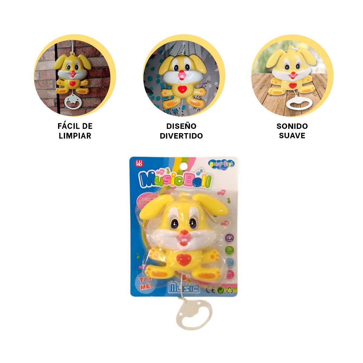 ACCESORIO MUSICAL DE CONEJO AMARILLO A CUERDA PARA CUNA DE BEBE Y+LIGAS REGALO - 3