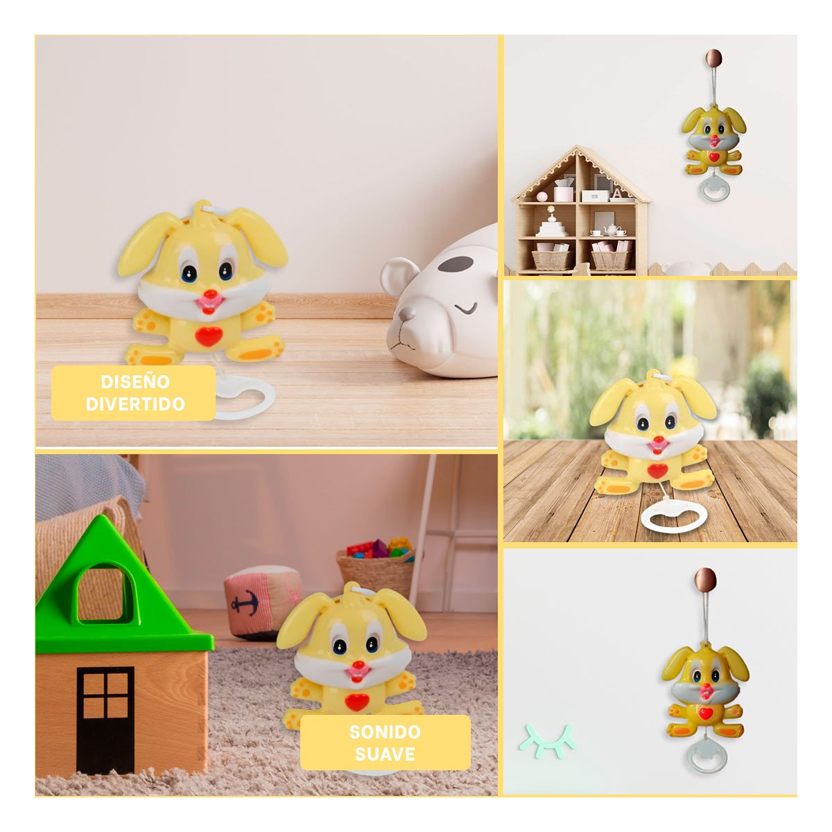 ACCESORIO MUSICAL DE CONEJO AMARILLO A CUERDA PARA CUNA DE BEBE Y+LIGAS REGALO - 5
