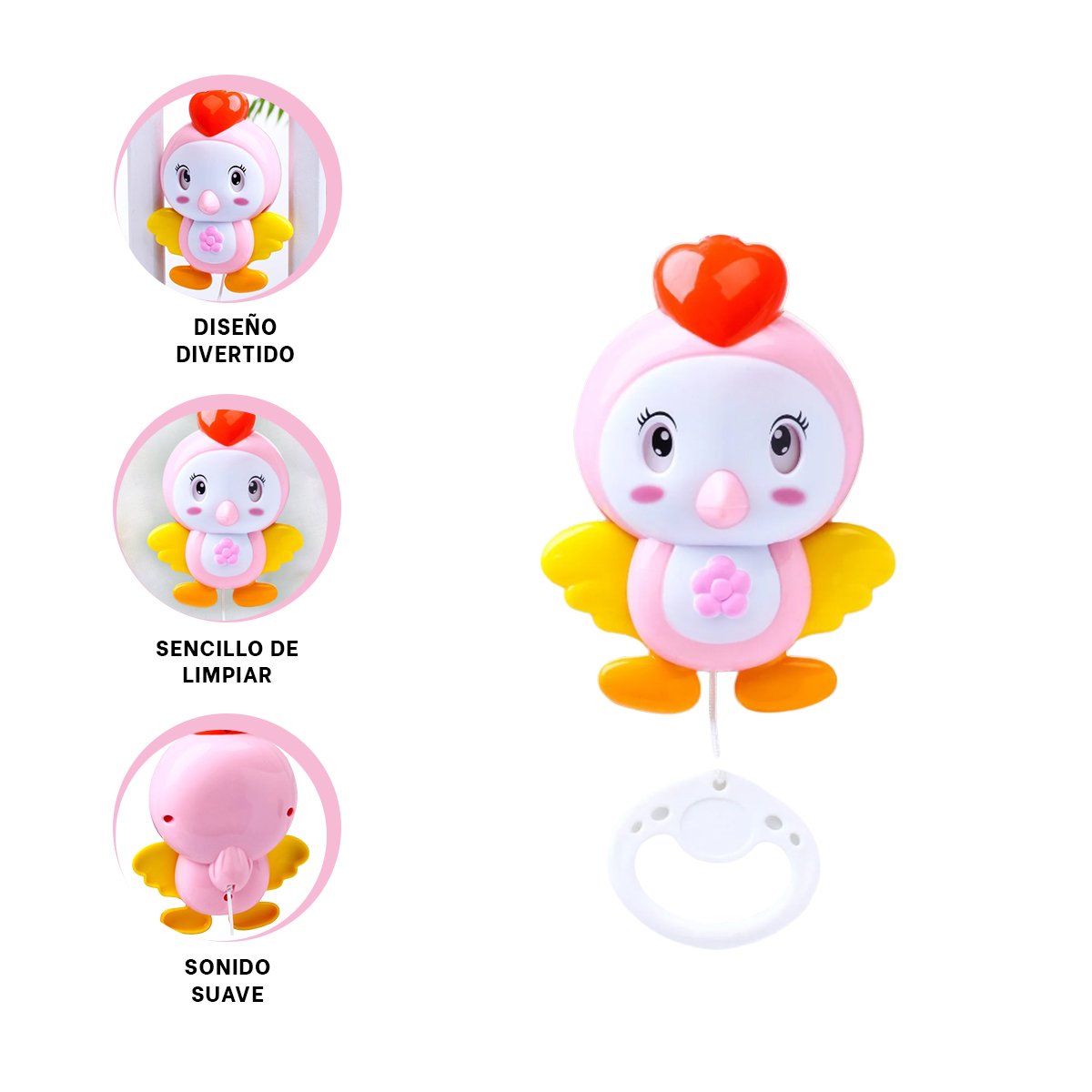 MOVIL INFANTIL ROSADO CON SONIDO MUSICAL Y FIGURA DE PAJARO - 3
