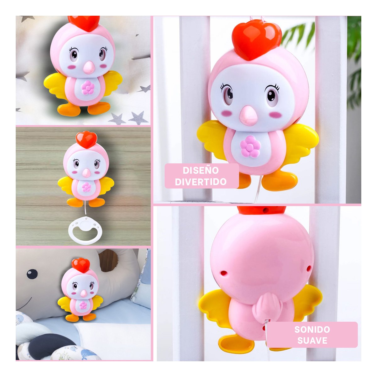 MOVIL INFANTIL ROSADO CON SONIDO MUSICAL Y FIGURA DE PAJARO - 5