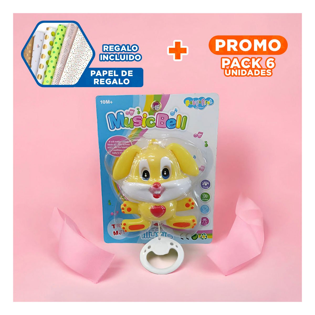 PACK6 ADORNO AMARILLO MUSICAL PARA ESPACIO DEL BEBE Y+PAPEL REGALO - 1