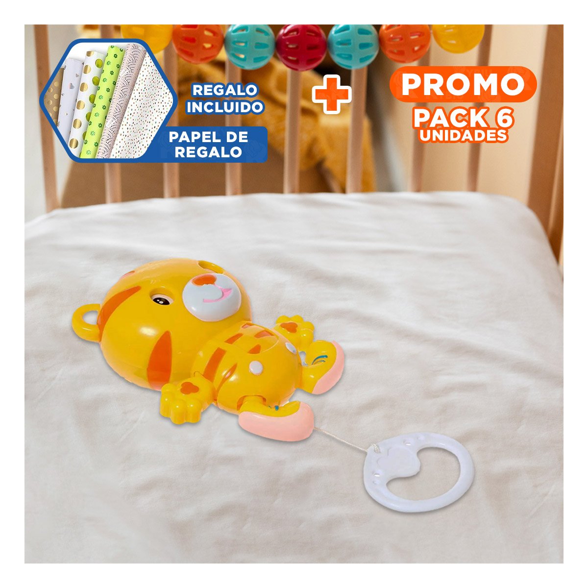 PACK6 ACCESORIO TIGRE A CUERDA AMARILLO CON SONIDO MUSICAL SUAVE Y+PAPEL REGALO - 1